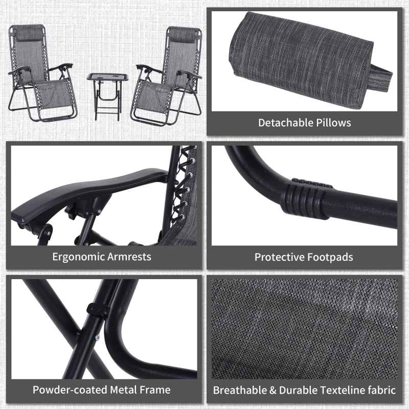 Outsunny Folding Zero Gravity Chairs, 3 Pieces Adjustable Sun Lounger and Table Set with Cup Holder and Headrest, Patio Bistro Set with Reclining Garden Chairs for Outdoor, Light Grey