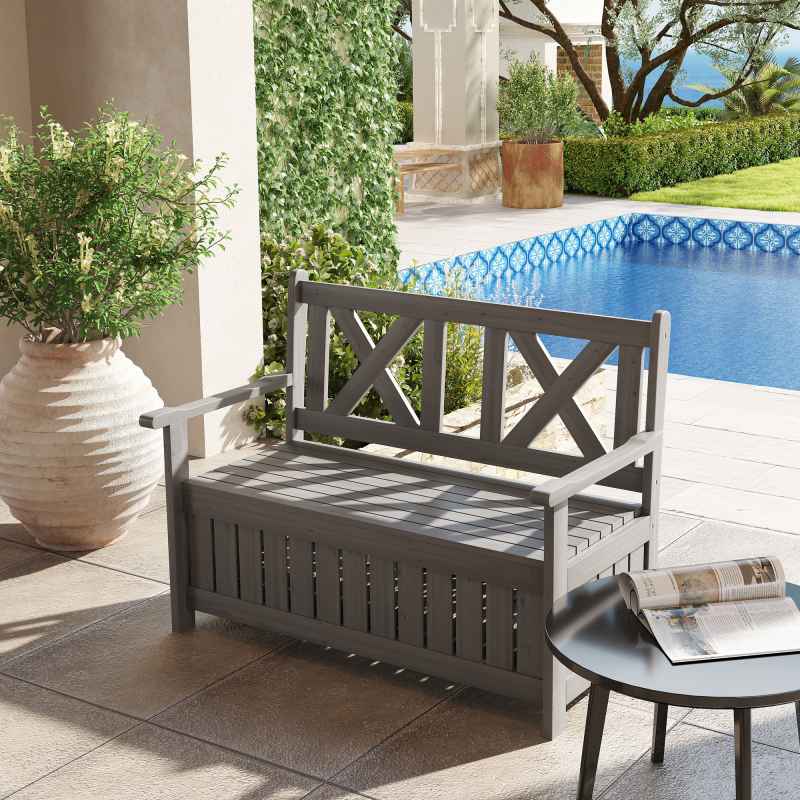 Outsunny Wood Garden Bench 2 Seater Storage Chest Patio Seating Chair with High Back and Armrest, Charcoal Grey