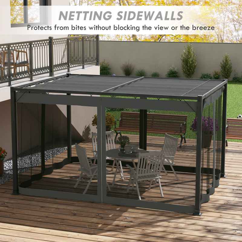 Outsunny 3 x 4 m Pergola with Retractable Roof Canopy and Netting Sidewalls, Aluminium Frame Garden Gazebo Outdoor Sun Shade Shelter for Grill, Patio, Deck, Dark Grey