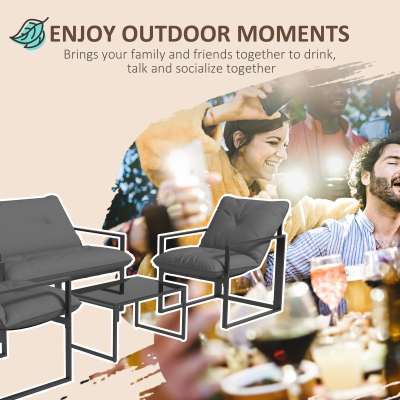 Outsunny 4 Piece Garden Sofa Set, 2 Single Armchair, Loveseat and Coffee Table Set with Steel Frame, Outdoor Furniture with Thick Cushions, Grey