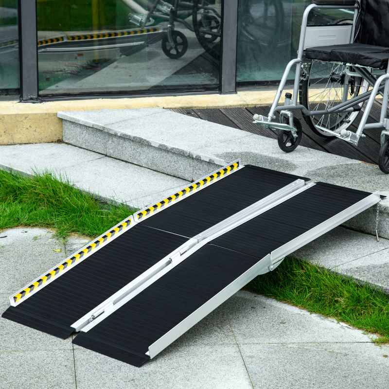 HOMCOM Wheelchair Ramp,  Folding Aluminium Threshold Ramp with Non-Skid Surface, Transition Plates Above and Below for Home, Steps, Stairs, Curbs, Doorways