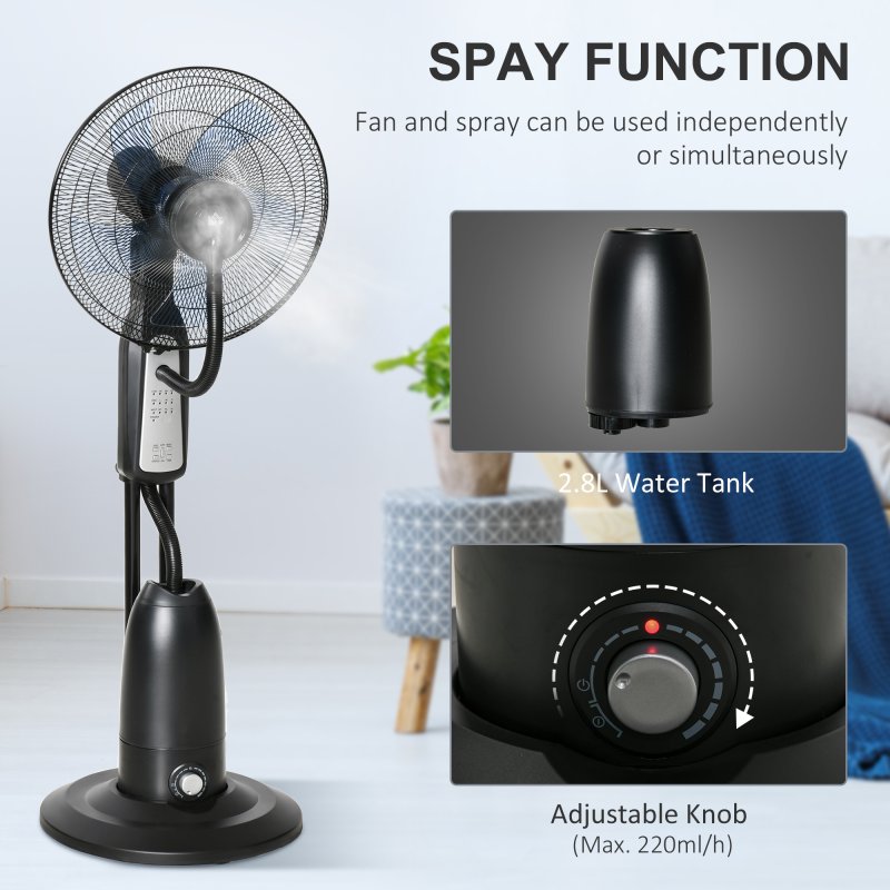 HOMCOM 18" Pedestal Fan with Water Mist Spray, Standing Fan with 3 Speeds, 2.8L Water Tank, Timer and Remote, Black