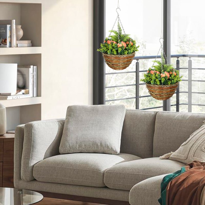 Outsunny Pack of 2 Faux Plant Artificial Lisianthus Flowers Hanging Planter with Basket for Indoor Outdoor Decoration, Yellow