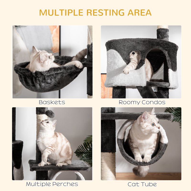 PawHut Floor to Ceiling Cat Tree, 240-260cm Adjustable Height Kitten Tower with Scratching Posts, Cat Houses, Ramps, Hammocks, Toy Balls, Tunnel for Indoor Use - White