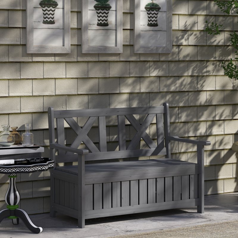 Outsunny Wood Garden Bench 2 Seater Storage Chest Patio Seating Chair with High Back and Armrest, Charcoal Grey