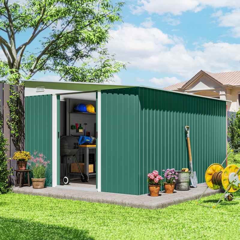 Outsunny 11.3 x 9.2ft Lean to Metal Garden Shed, Outdoor Galvanised Tool Storage House with Double Sliding Doors and 2 Air Vents, Green