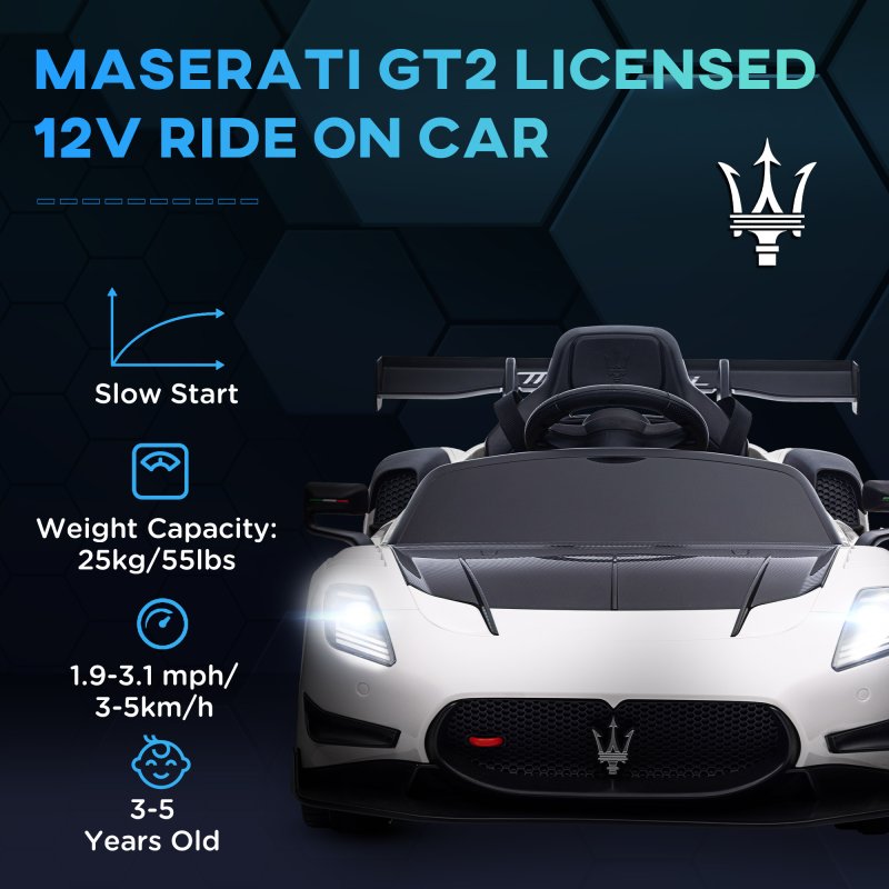 AIYAPLAY Maserati GT2 Licensed 12V Electric Car for Kids, Kids' Electric Ride on with Suspension System, Remote Control, USB, Music, Horn, Lights, Auxiliary Wheels, for Ages 3-5 Years, White