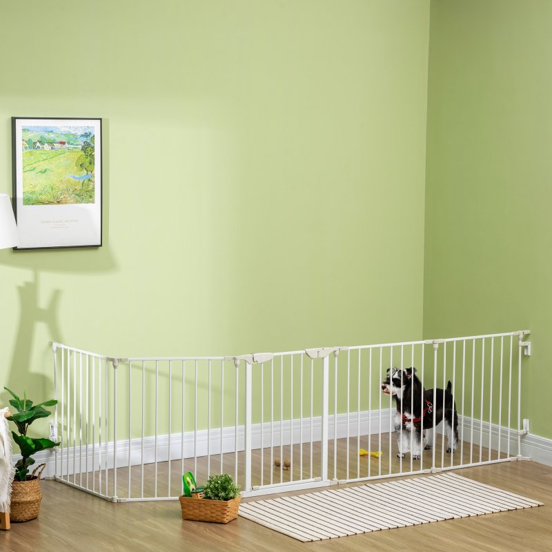 PawHut Pet Safety Gate, 5 Panels Playpen Fireplace, Metal Fence, Stair Barrier, Room Divider w/ Walk-Through Door - White