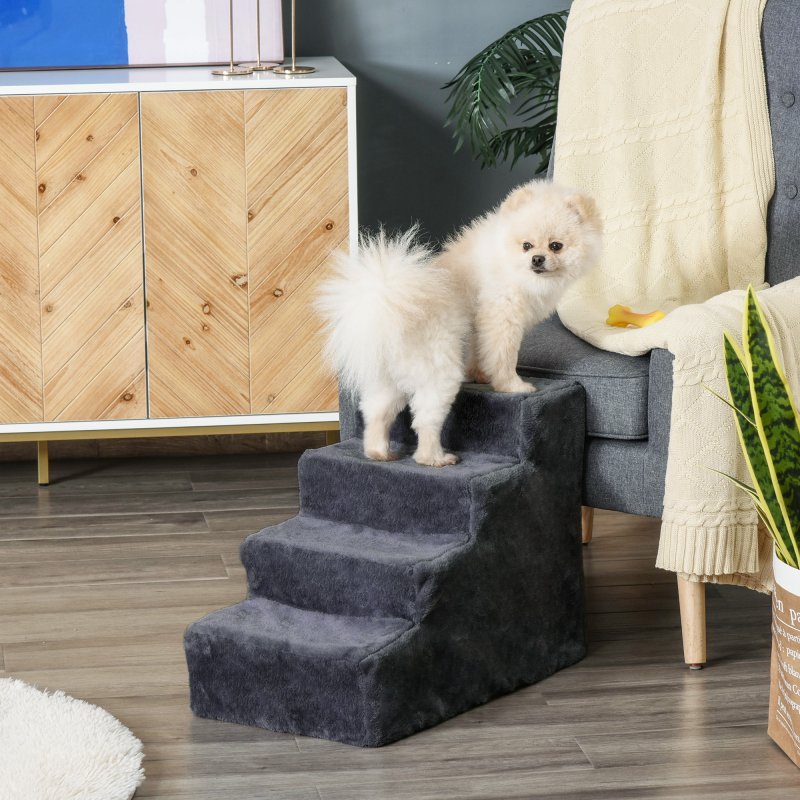 PawHut Dog Steps for Sofa, 4 Steps Dog Stairs, Pet Stairs, with Washable Plush Cover, for Small Breeds, Cats - Dark Grey