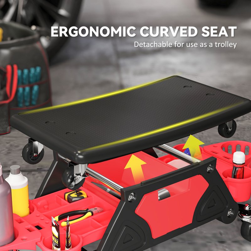 HOMCOM Rolling Mechanic Stool, 135kg Capacity Workshop Stool with 360 Swivel Wheels, Roller Creeper Seat with Slide Out Tool Trays, Drawer, Bottle Holders for Garage, Shop, Auto Repair, Red