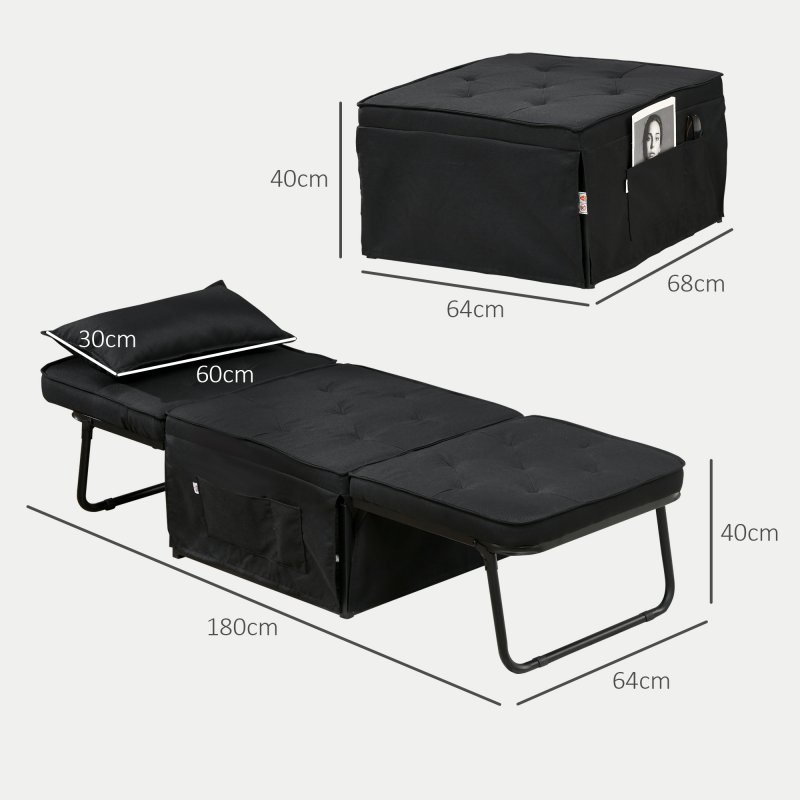 HOMCOM Folding Chair Bed, 4-in-1 Convertible Sleeper Chair with Adjustable Backrest, Pillow, Side Pockets, Armchair for Bedroom, Living Room