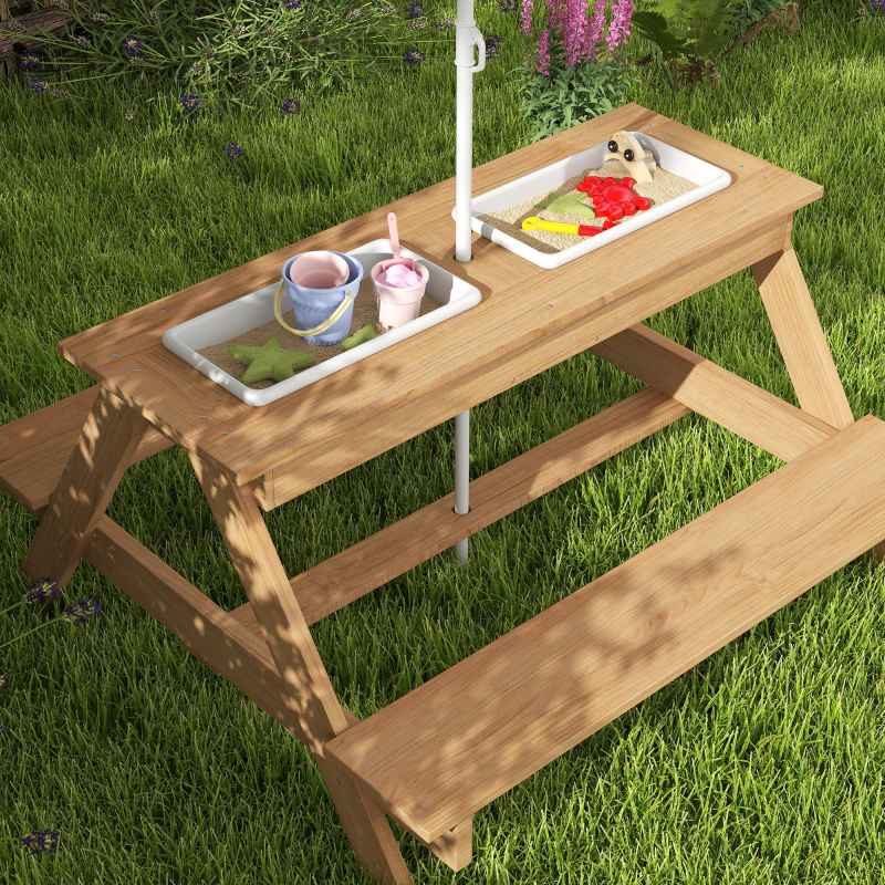 AIYAPLAY Kids Picnic Table, Sand and Water Table with Wooden Benches, Adjustable Parasol and Storage Bins, Outdoor Garden Furniture for Children 3-6 Years, Multicolour