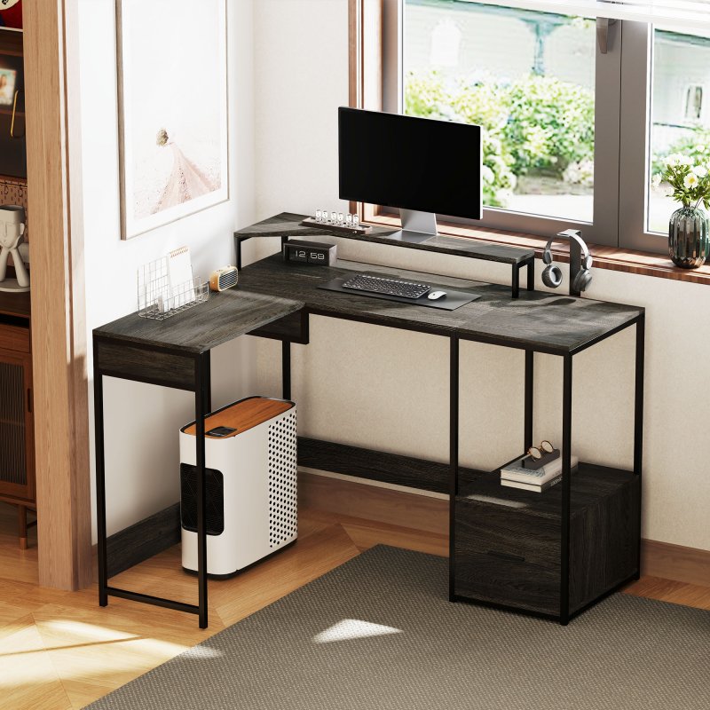 HOMCOM L Shaped Desk, Computer Desk with Liftable Desktop, Industrial Corner Desk with Drawer for A4/Letter Size, Home Office Desk with Monitor Stand for Home Office