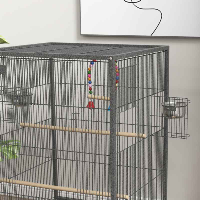 PawHut Bird Cage, Budgie Cage, Parrot Cage, with Rolling Stand, Stainless Steel Bowls, Swings, Removable Tray for Small Parrot, Budgie, Lovebird - Grey