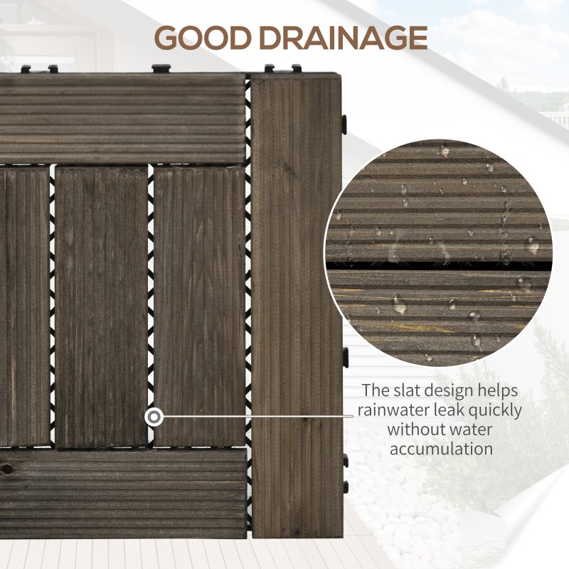 Outsunny 27 Pcs Wooden Interlocking Decking Tiles, 30 x 30 cm Outdoor Flooring Tiles, 2.5m² per Pack, for Patio, Balcony, Terrace, Hot Tub, Charcoal Grey