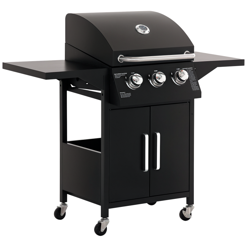 Outsunny 3 Burner Gas BBQ, Outdoor Grill, Portable Barbecue Trolley with Warming Rack, Side Shelves, Storage Cabinet, Thermometer, Carbon Steel, Black