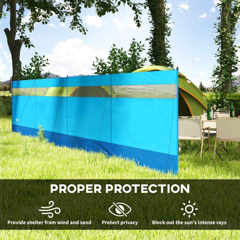 Outsunny Camping Windbreak, 5 Pole Windbreaker Blocker with Clear Windows, Carry Bag and Steel Poles, for Beach Caravan Campervan, 725 x 140cm, Blue