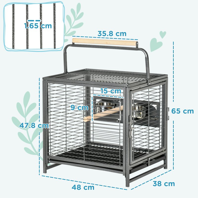 PawHut Bird Cage Budgie Cage for Budgie, Lovebirds, Green Cheek Canary, Parakeet, Cockatiel, Travel Breeding Cage w/ Wooden Perch Handle, 48 x 38 x 65 cm