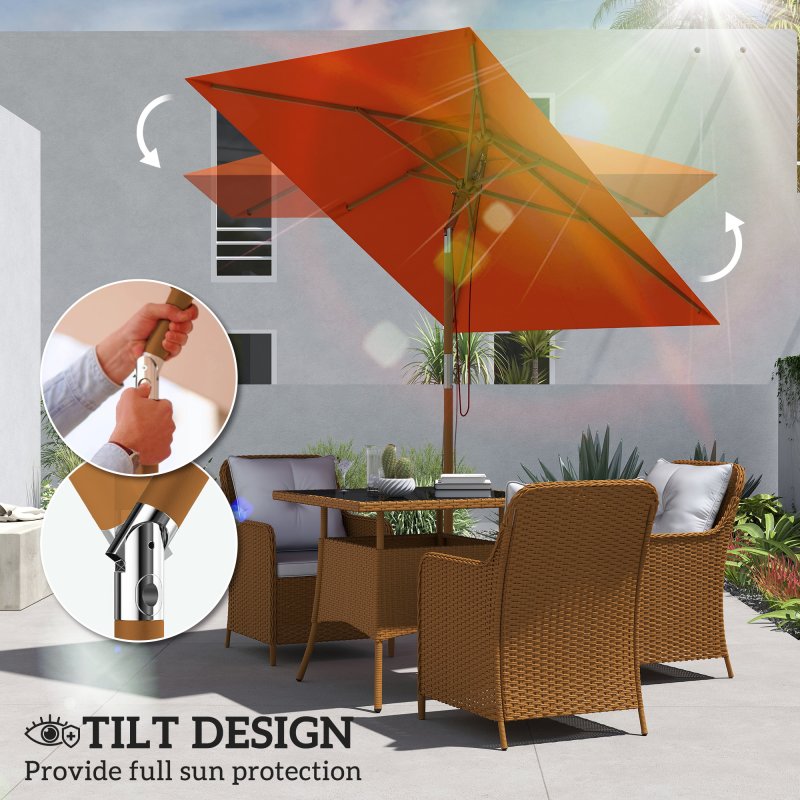 Outsunny 2m x 1.5m Garden Parasol Umbrella with Tilting Sunshade Canopy, Outdoor Market Table Umbrella with Wood and Bamboo Frame, Orange