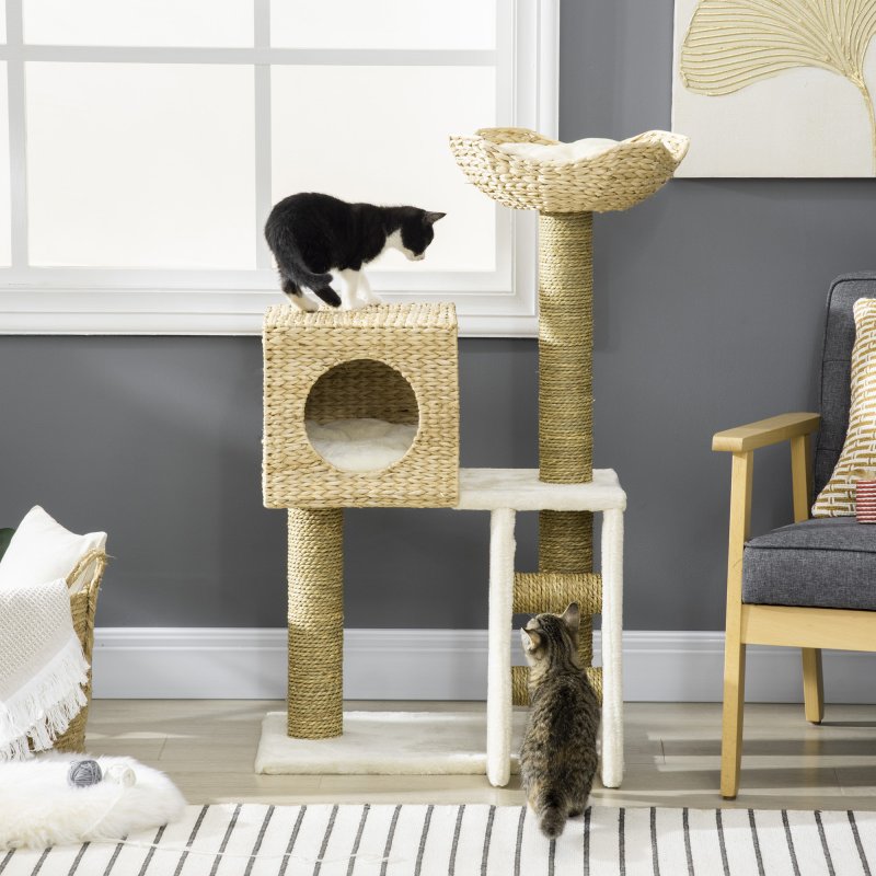 PawHut Flower Cat Tree for Indoor Cats Kitten Tower Cattail Weave with Scratching Posts, Cat House, Bed, Ladder, Washable Cushions, 57 x 37 x 100.5 cm - Natural Finish