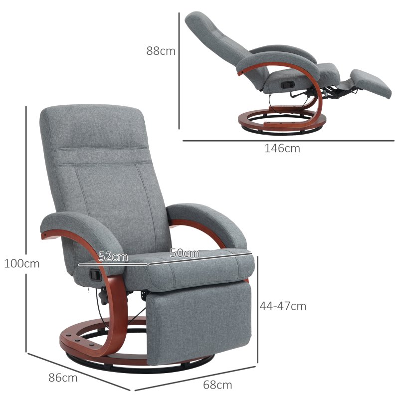 HOMCOM Swivel Recliner Chair with Extended Footrest, Manual Reclining Armchair with Wood Base for Living Room, Bedroom, Grey