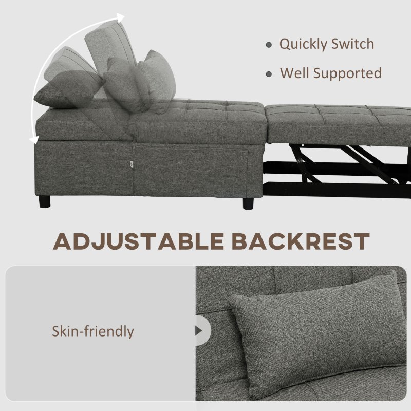 HOMCOM 4-in-1 Sofa Bed, Convertible Sleeper Chair Bed with Adjustable Backrest, Fabric Pull Out Chaise Lounge with Pockets for Living Room, Bedroom, Home Office, Small Space, Charcoal Grey