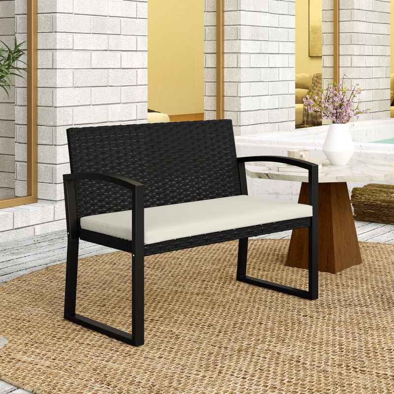 Outsunny 2 Seater Rattan Garden Bench, Outdoor Bench with Cushion, PE Wicker Garden Loveseat with Armrests, Galvanised Steel Frame for Patio, Park, Black