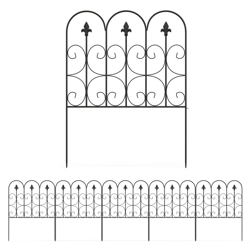 Outsunny Decorative Garden Fencing, 83cm (H) x 3m (L) 5PCs Outdoor Picket Fence Panels, Rustproof Metal Wire Landscape Flower Bed Border Edging Animal Barrier, Black