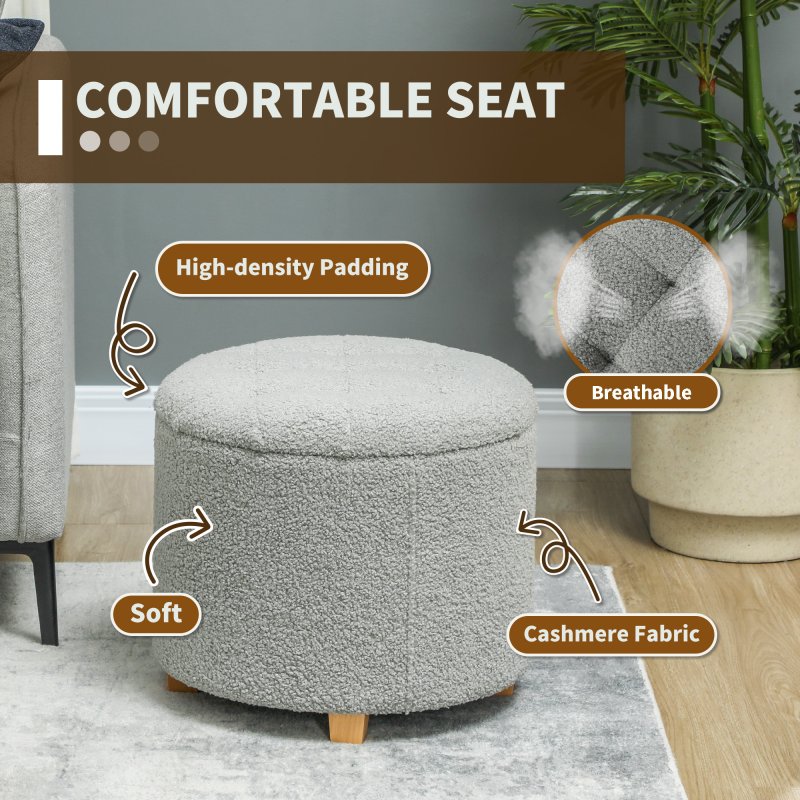 HOMCOM 45cm Round Storage Ottoman, Teddy Fleece Footstool with Removable Lid and Wood Legs, Button Tufted Vanity Stool for Living Room Bedroom Hallway