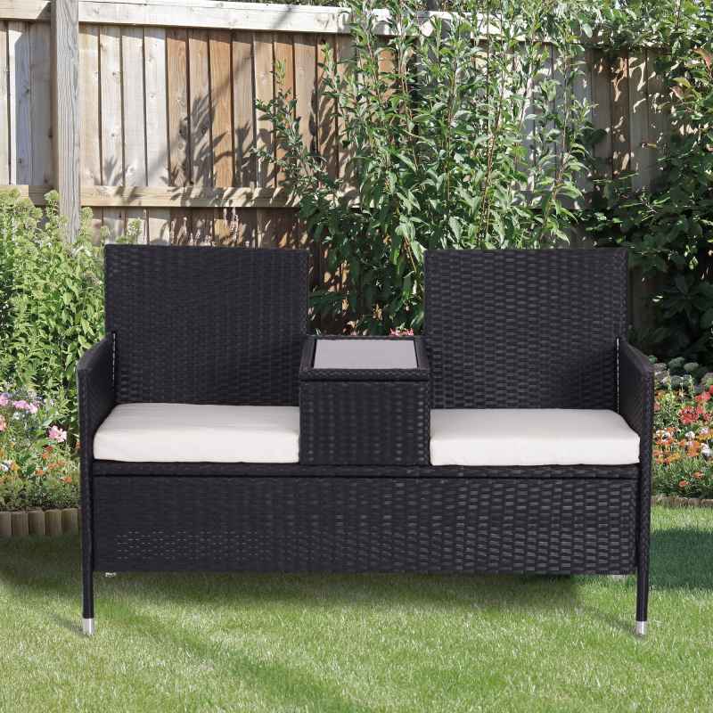 Outsunny 2 Seater Rattan Sofa with Cushions, Wicker Garden Loveseat with Armrests, Outdoor Garden Sofa Couch with Metal Frame for Patio, Black