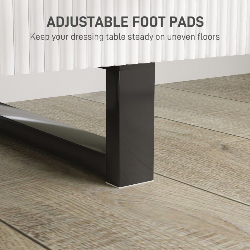 HOMCOM LED Lighted Dressing Table with Leaf Shape Mirror, Modern Vanity Desk with 5 Drawers, Makeup Desk with Fluted Panels, White