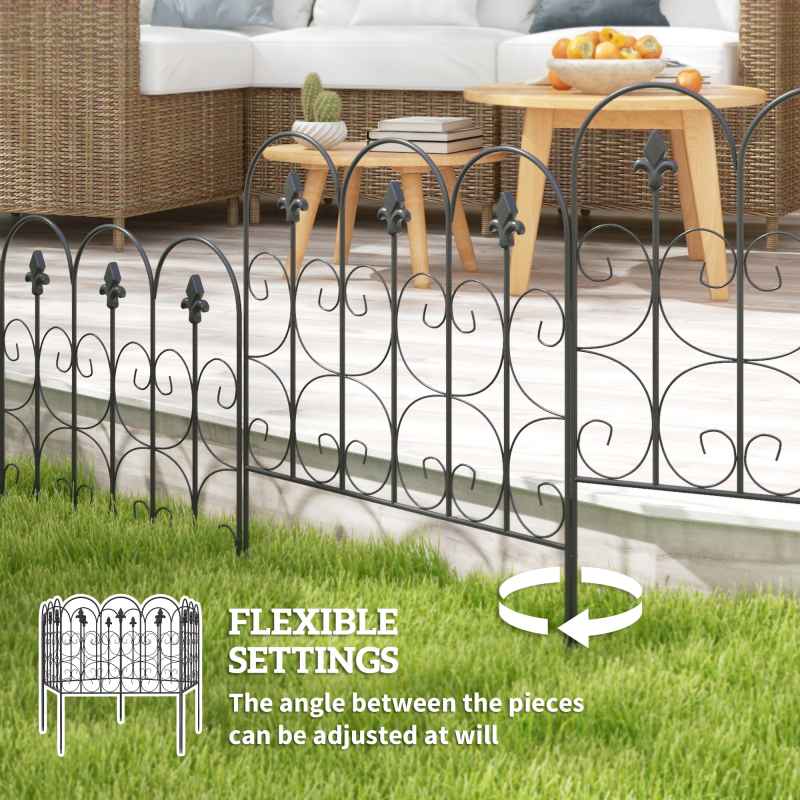 Outsunny Decorative Garden Fencing, 83cm (H) x 3m (L) 5PCs Outdoor Picket Fence Panels, Rustproof Metal Wire Landscape Flower Bed Border Edging Animal Barrier, Black