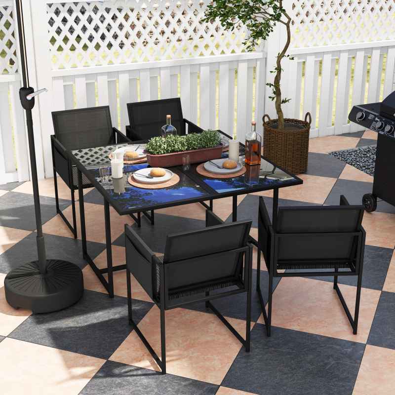 Outsunny 5 Piece Garden Dining Set, 4 Seater Outdoor Table and Chairs with Texteline Seat, Space Saving Cube Set with Foldable Backrest, Tempered Glass Table Top, for Patio, Black