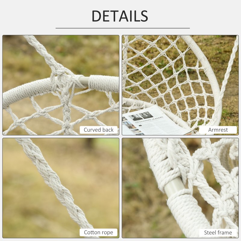 Outsunny 2-Seater Hanging Hammock Chair, Cotton-Polyester Blend Macrame Hanging Rope Chair with Metal Frame, for Patio, Garden, Balcony, Living Room, Cream White