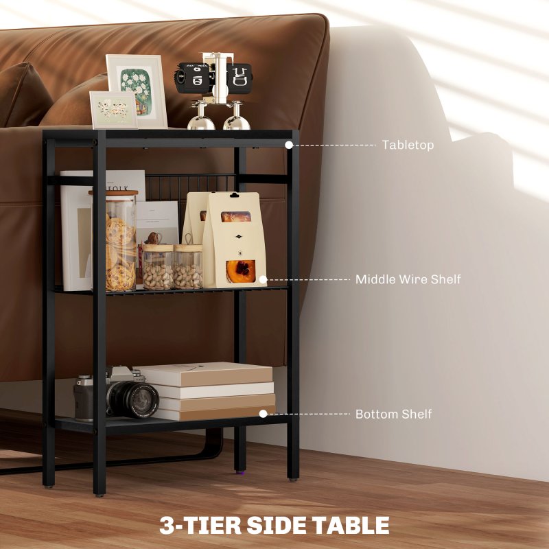 HOMCOM Side Table with 3-Tier Storage, Small Bedside Table, Sofa End Table with Steel Frame for Living Room, Bedroom