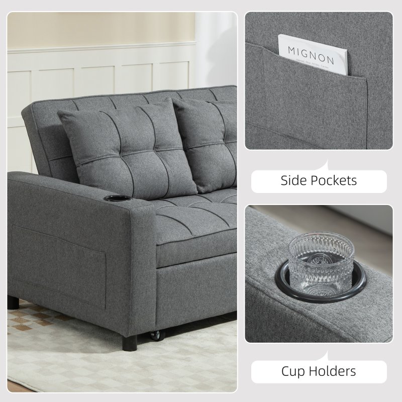 HOMCOM 2 Seater Sofa Bed, Convertible Pull Out Sofa Bed with Adjustable Backrest, Cup Holders and Pillows, Click Clack Settee for Living Room, Bedroom, Guest Room, Charcoal Grey