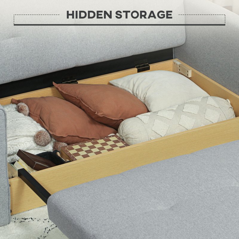 HOMCOM 2 Seater Sofa Bed, Convertible Bed Settee, Modern Linen Loveseat Sofa Couch with 2 Cushions, Hidden Storage for Living Room, Guest Room, Light Grey