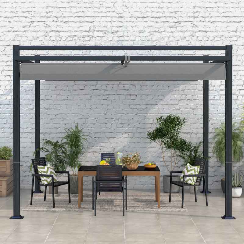 Outsunny 3 x 3(m) Pergola with Retractable Roof Canopy, Aluminium Frame Garden Gazebo Outdoor Sun Shade Shelter for Grill, Patio, Deck, Dark Grey