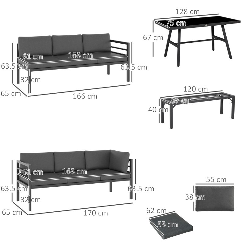 Outsunny 4 Piece L-shaped Garden Furniture Set 8-Seater Aluminium Outdoor Dining Set Conversation Sofa Set w/ Bench, Dining Table & Cushions, Grey