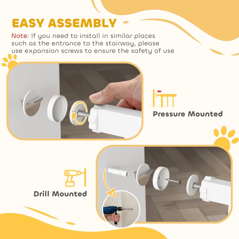 PawHut Stair Gate, 77cm Extra Tall Dog Gate with Adjustable Width, 76-104cm Pressure Fit Safety Gate with Cat Door, 7cm and 14cm Extensions, for Stairs, Doorways, Easy Installation, White