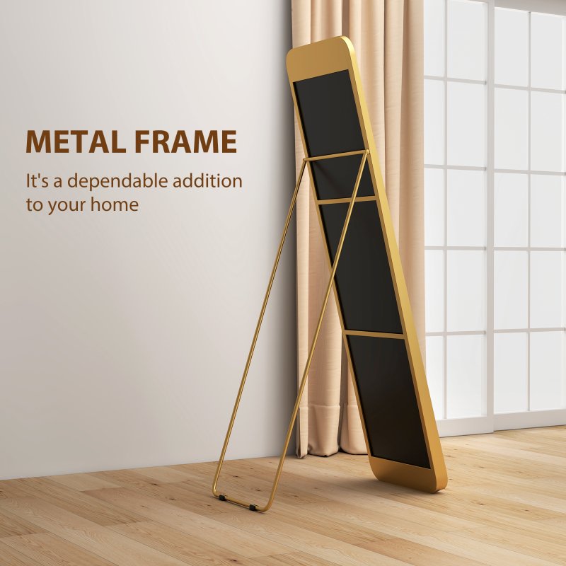 HOMCOM Full Length Mirror, 40 x 160 cm, Rectangular Full Body Mirror with Curved Corners for Bedroom, Living Room, Cloakroom, Floor Standing or Leaning Against Wall, Gold Tone