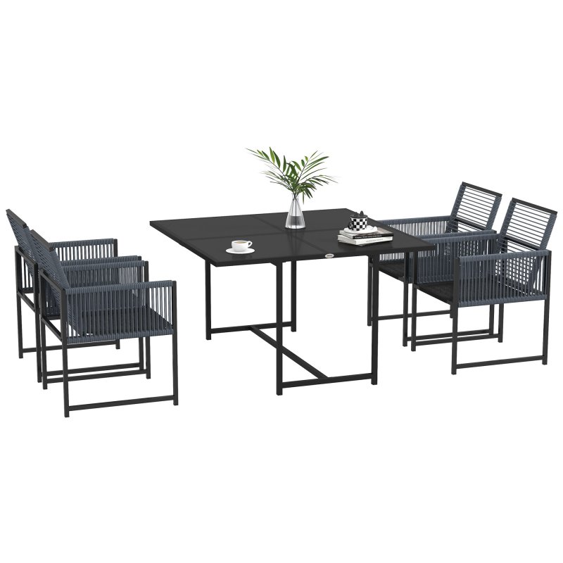 Outsunny 5 Pieces Garden Dining Set, Outdoor Patio Cube Set, 4 Seater Outdoor Table and Chairs with Foldable Backrest, Tempered Glass Top, Handwoven Rope for Poolside, Space-Saving, Dark Grey