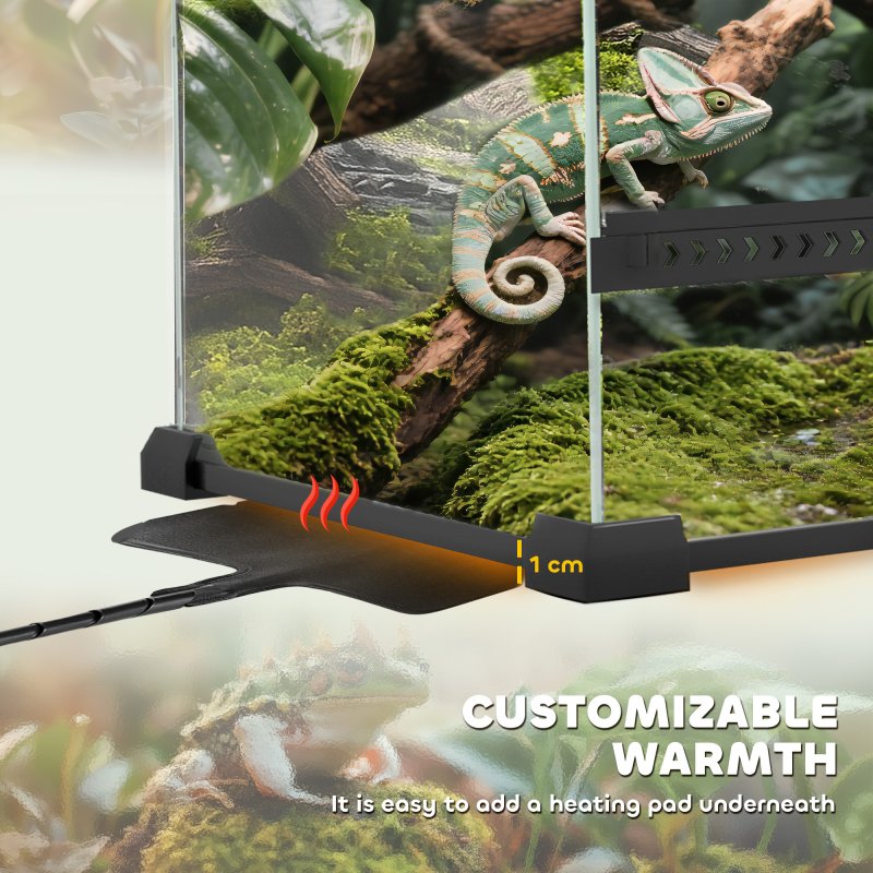 PawHut Reptile Glass Terrarium, Reptile Vivarium with Stone Background, Front Ventilation, Escape-Proof Knob Lock, Glass Enclosure for Lizards, Horned Frogs, Snakes, 30 x 20 x 20 cm, Black