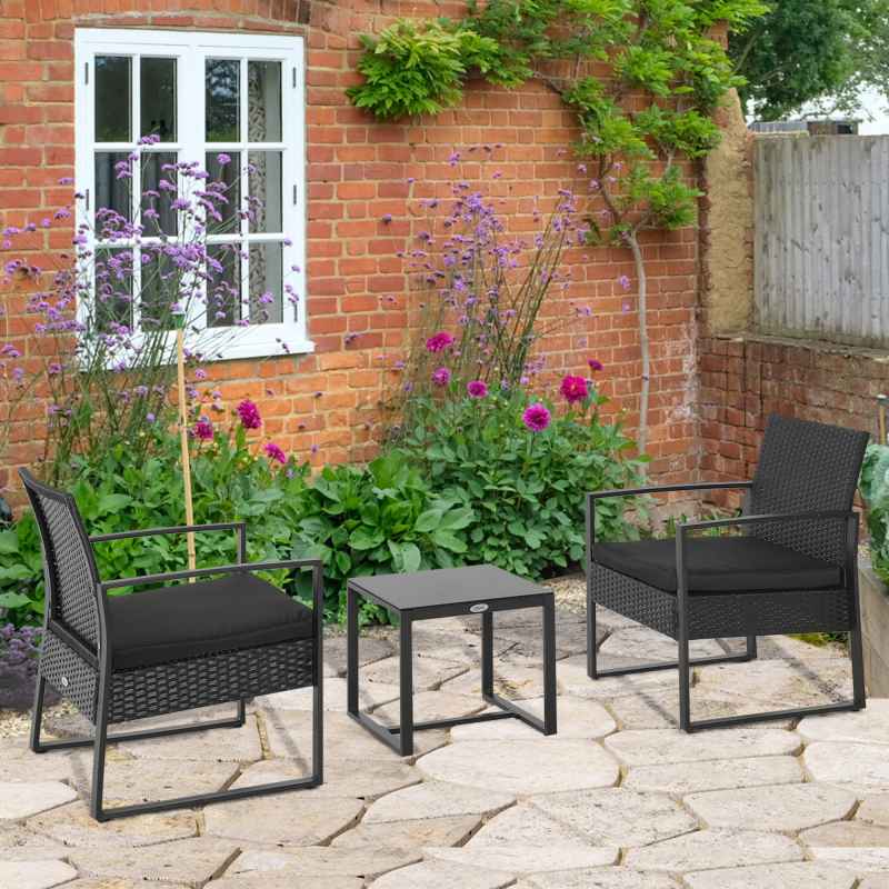 Outsunny 3 Pieces Rattan Bistro Set, Wicker Garden Furniture Set with Glass Top Coffee Table and Chairs, Washable Cushions, for Outdoor, Patio, Balcony, Black