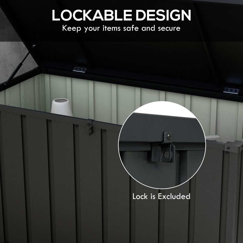 Outsunny 450 Litre Garden Storage Box, Outdoor Storage Box with Wheels and Handles, Lockable Galvanised Steel Outside Deck Box Organiser for Tools, Cushions, Dark Grey