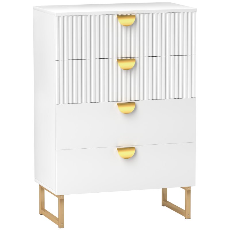 HOMCOM Bedroom Chest of Drawers with Gold Tone Handle, Modern Fluted 4-Drawer Dresser with Metal Legs for Living Room, Hallway, White