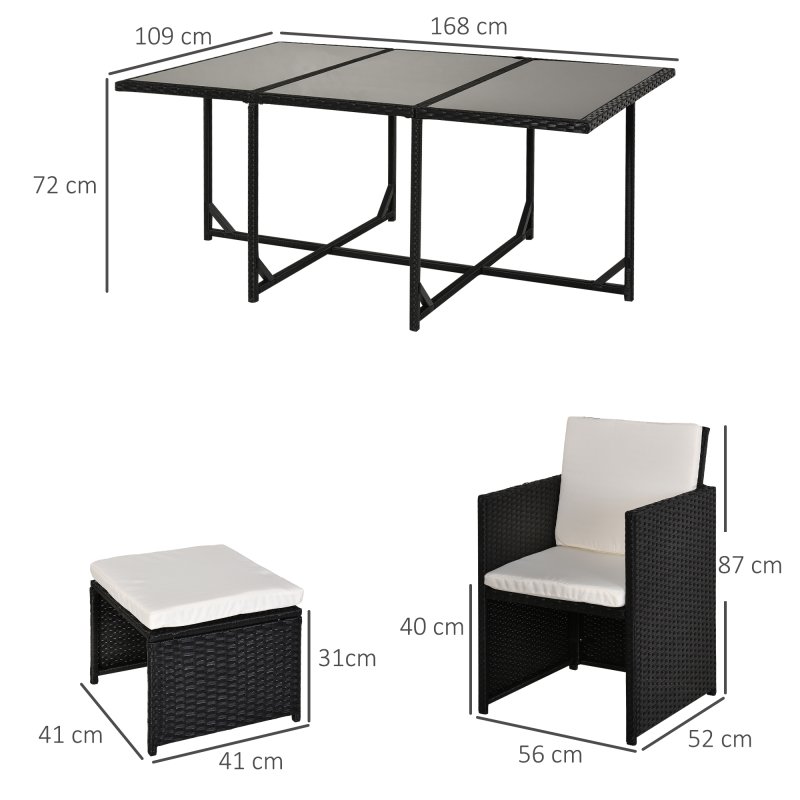 Outsunny 10 Seater Rattan Cube Garden Furniture Set with Cushions, Rattan Dining Set, Outdoor Dining Table and Chairs with 6 Armchairs, 4 Stools, Rectangular Glass Top Table, Black