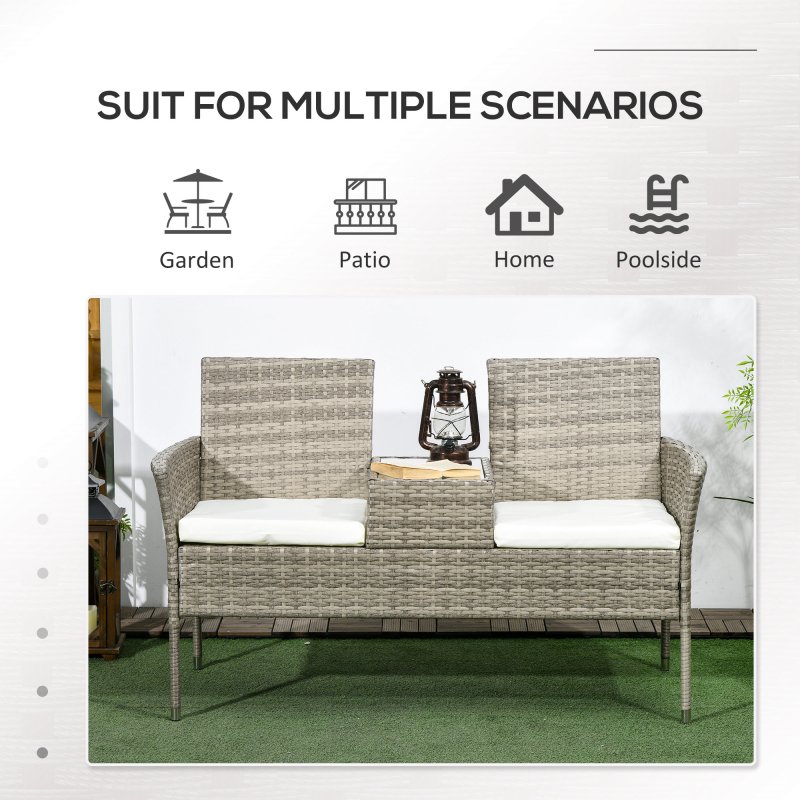 Outsunny 2 Seat Rattan Garden Bench, Patio Wicker Chair with Glass Tea Table, Outdoor Love Seat with Padded Cushions, for Garden, Porch, Mixed Grey/Cream White
