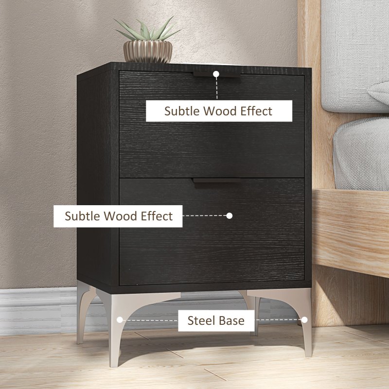 HOMCOM Bedside Tables Set of 2, Modern Nightstand with 2 Drawers, Small Sofa End Tables with Storage and Steel Legs for Bedroom, Living Room, Black