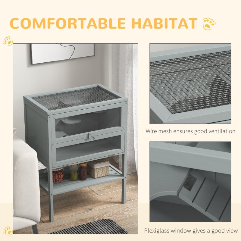 PawHut Wooden Hamster Cage with Storage Shelf, Small Animal Exercise Play House with Openable Top, for Hamsters, Gerbils, 60 x 40 x 80 cm - Grey